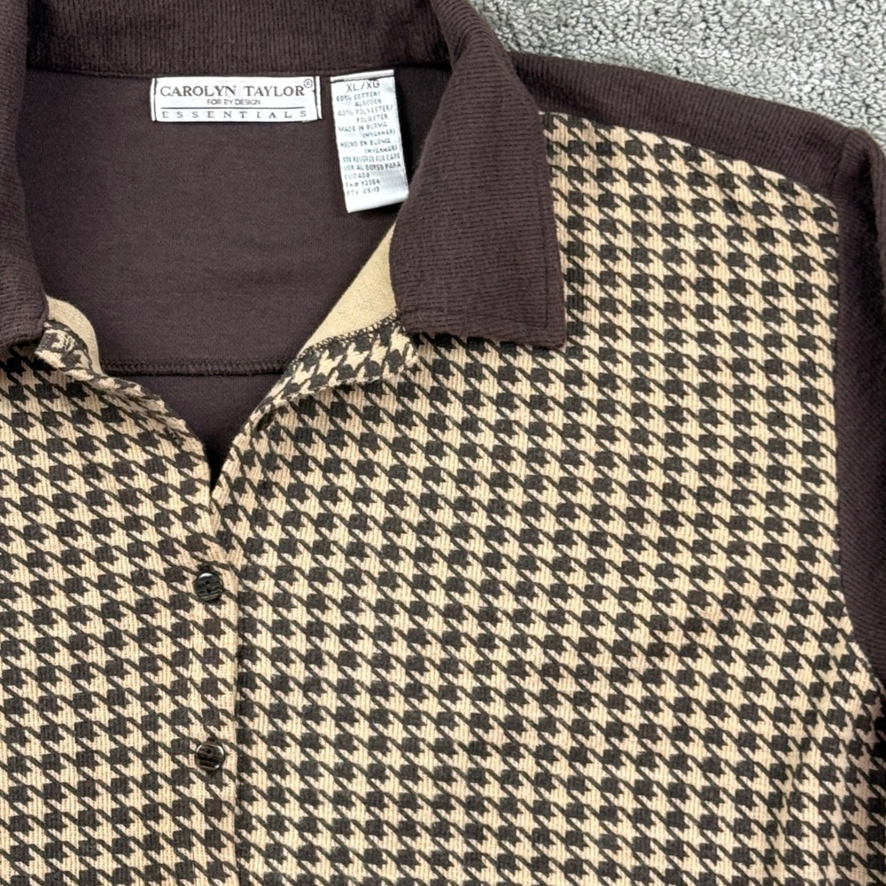 Vintage Houndstooth Cardigan Womens XL Brown Tan Button Front Carolyn Taylor